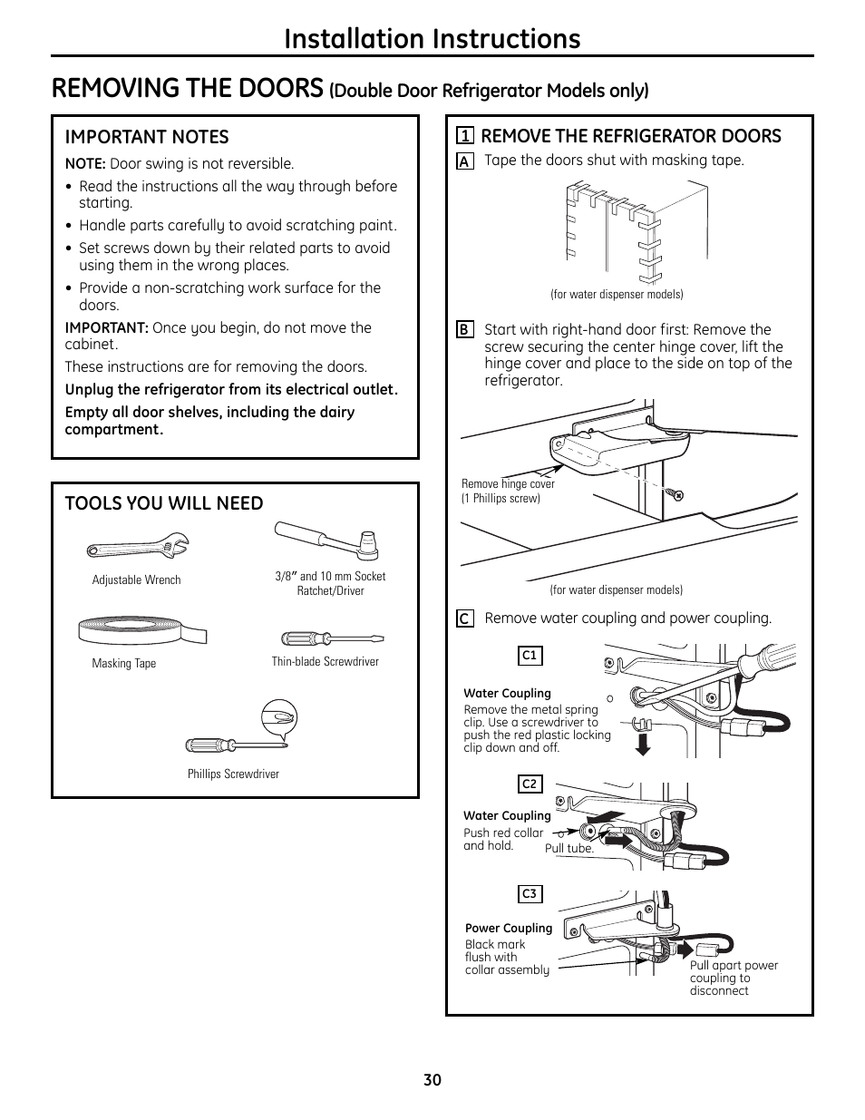 Removing and replacing, The doors (double door, Refrigerator models only) –32 | Installation instructions removing the doors, Remove the refrigerator doors, Tools you will need | GE 200D9366P019 User Manual | Page 30 / 136
