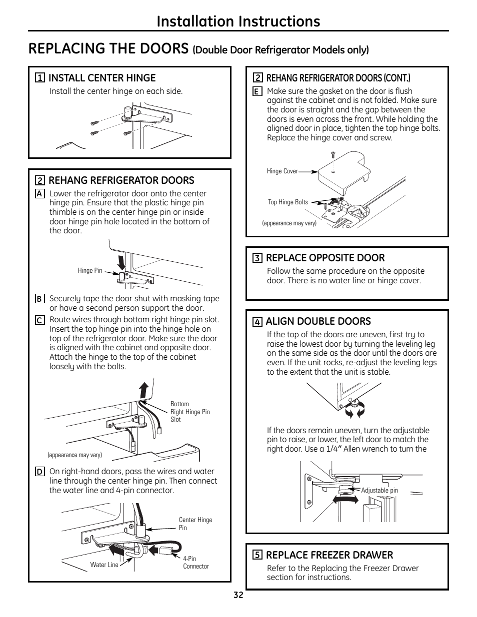 Installation instructions replacing the doors, Rehang refrigerator doors, Rehang refrigerator doors (cont.) | Align double doors, Replace freezer drawer, Replace opposite door | GE 200D9366P019 User Manual | Page 32 / 136