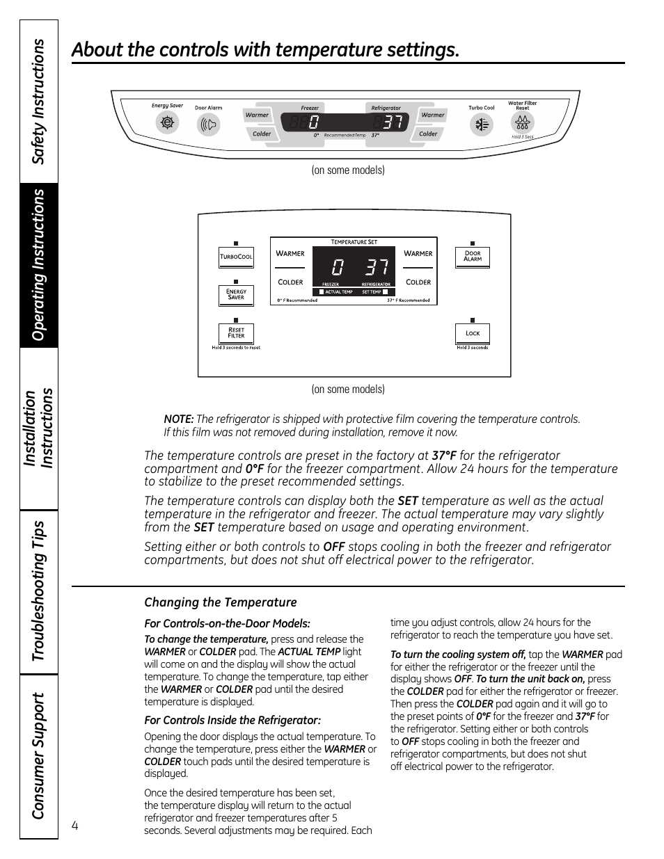 Controls , 5, About the controls with temperature settings | GE 200D9366P019 User Manual | Page 4 / 136