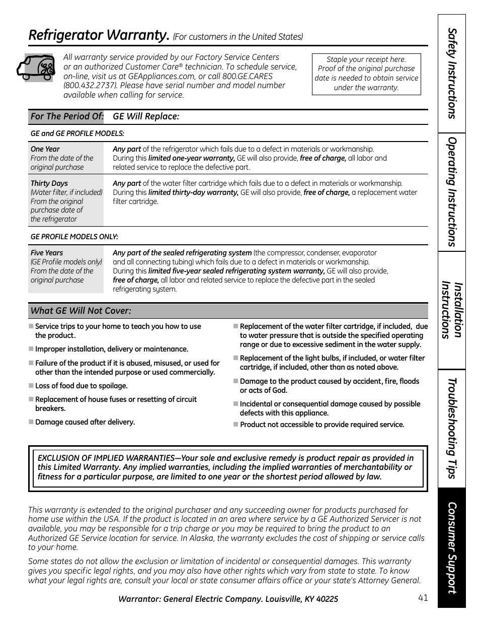 Warranty for u.s. customers, Refrigerator warranty | GE 200D9366P019 User Manual | Page 41 / 136