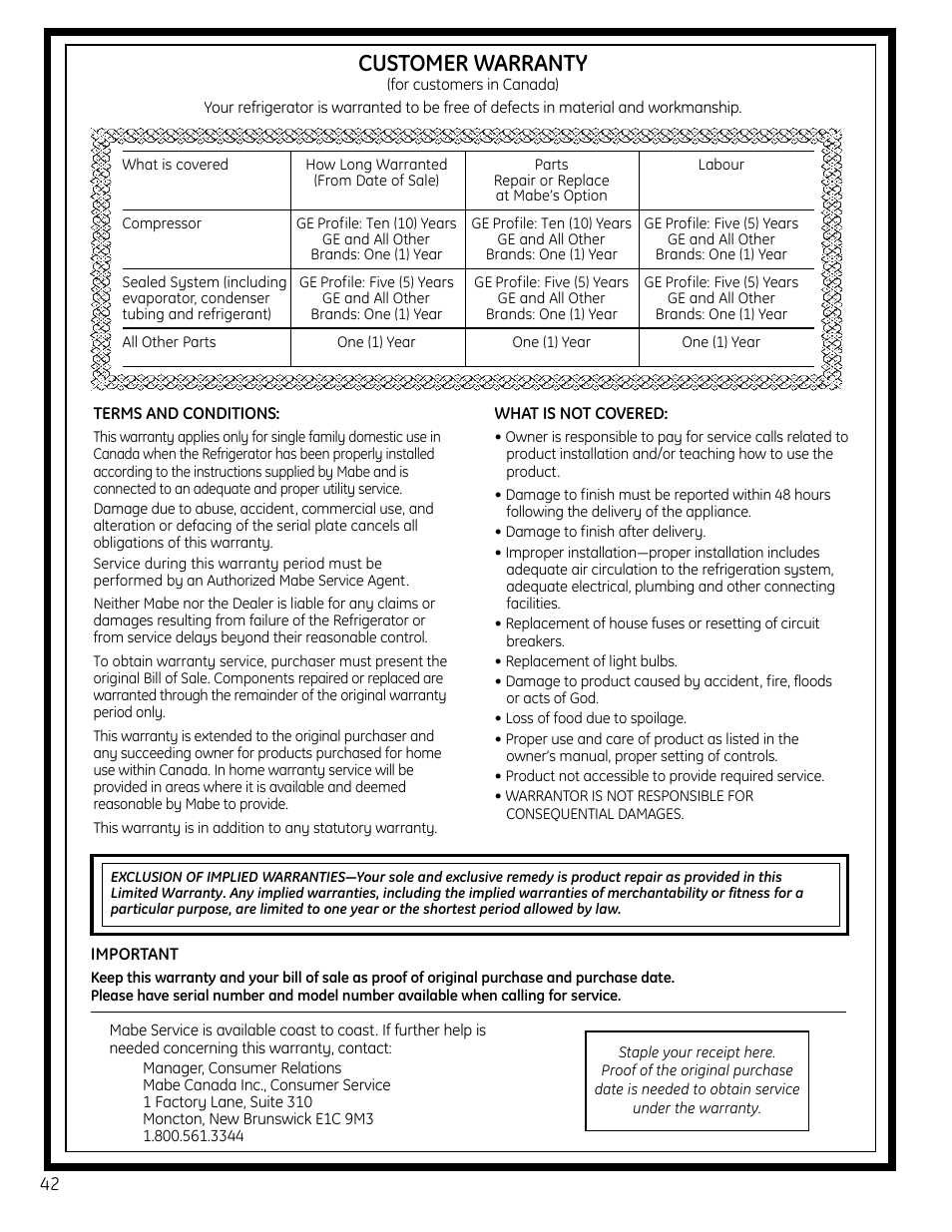 Warranty for canadian, Customers, Customer warranty | GE 200D9366P019 User Manual | Page 42 / 136