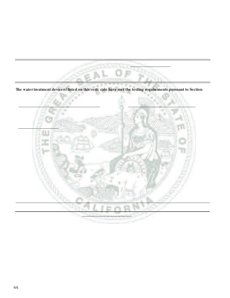 Water treatment device certificate number | GE 200D9366P019 User Manual | Page 44 / 136
