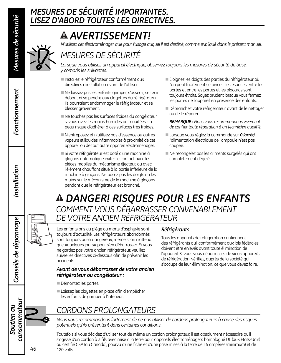 Mesures de sécurité, Avertissement, Danger! risques pour les enfants | Cordons prolongateurs | GE 200D9366P019 User Manual | Page 46 / 136