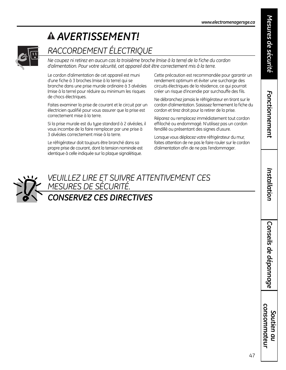 Avertissement, Raccordement électrique | GE 200D9366P019 User Manual | Page 47 / 136