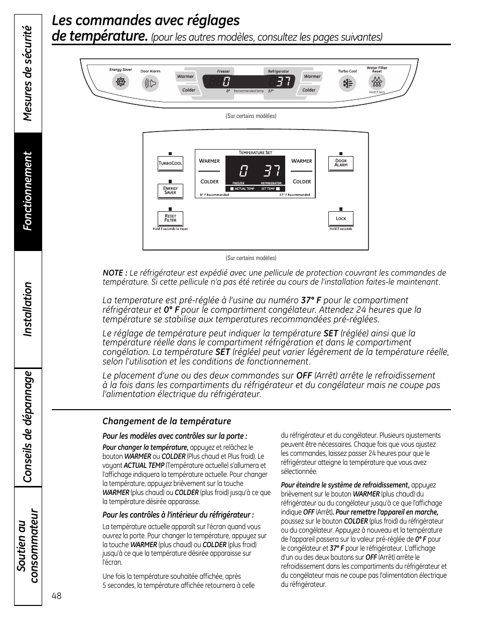Les commandes , 49, Les commandes avec réglages de température | GE 200D9366P019 User Manual | Page 48 / 136