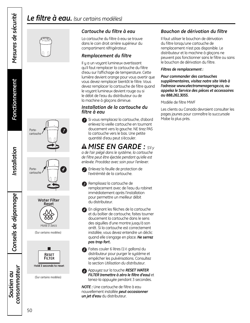 Le filtre à eau, Mise en garde | GE 200D9366P019 User Manual | Page 50 / 136