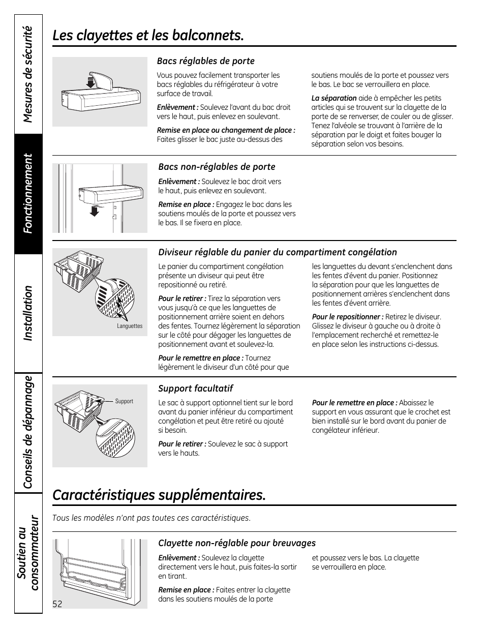 Caractéristiques supplémentaires, Les clayettes et les balconnets | GE 200D9366P019 User Manual | Page 52 / 136