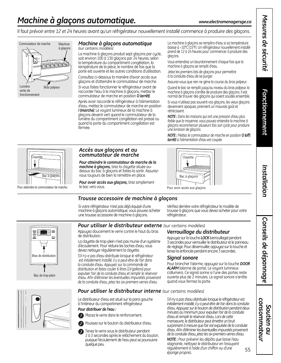 Le distributeur d’eau, Machine à glaçons automatique | GE 200D9366P019 User Manual | Page 55 / 136