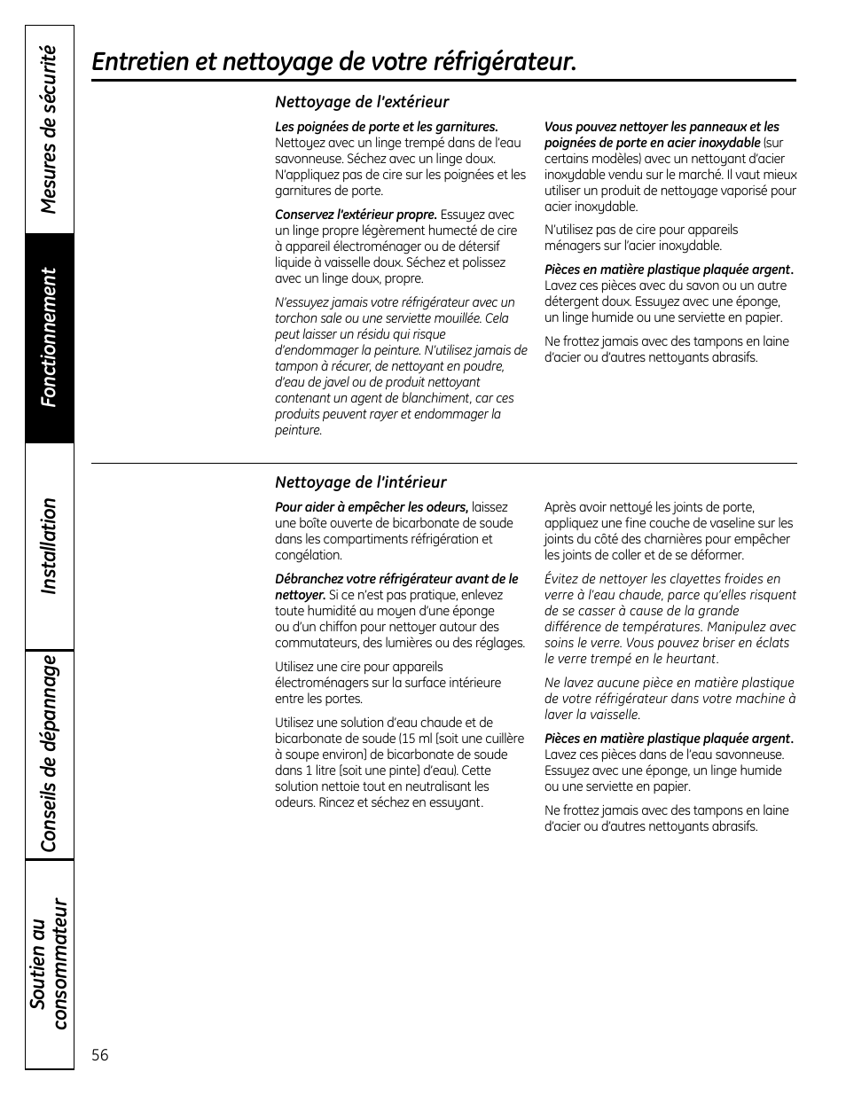 Entretien et nettoyage du réfrigérateur , 57, Entretien et nettoyage de votre réfrigérateur | GE 200D9366P019 User Manual | Page 56 / 136