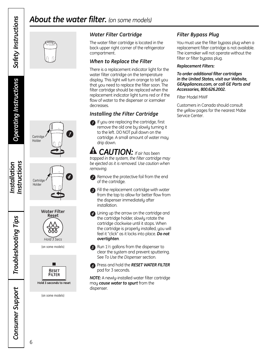 Water filter, Caution, About the water filter | GE 200D9366P019 User Manual | Page 6 / 136