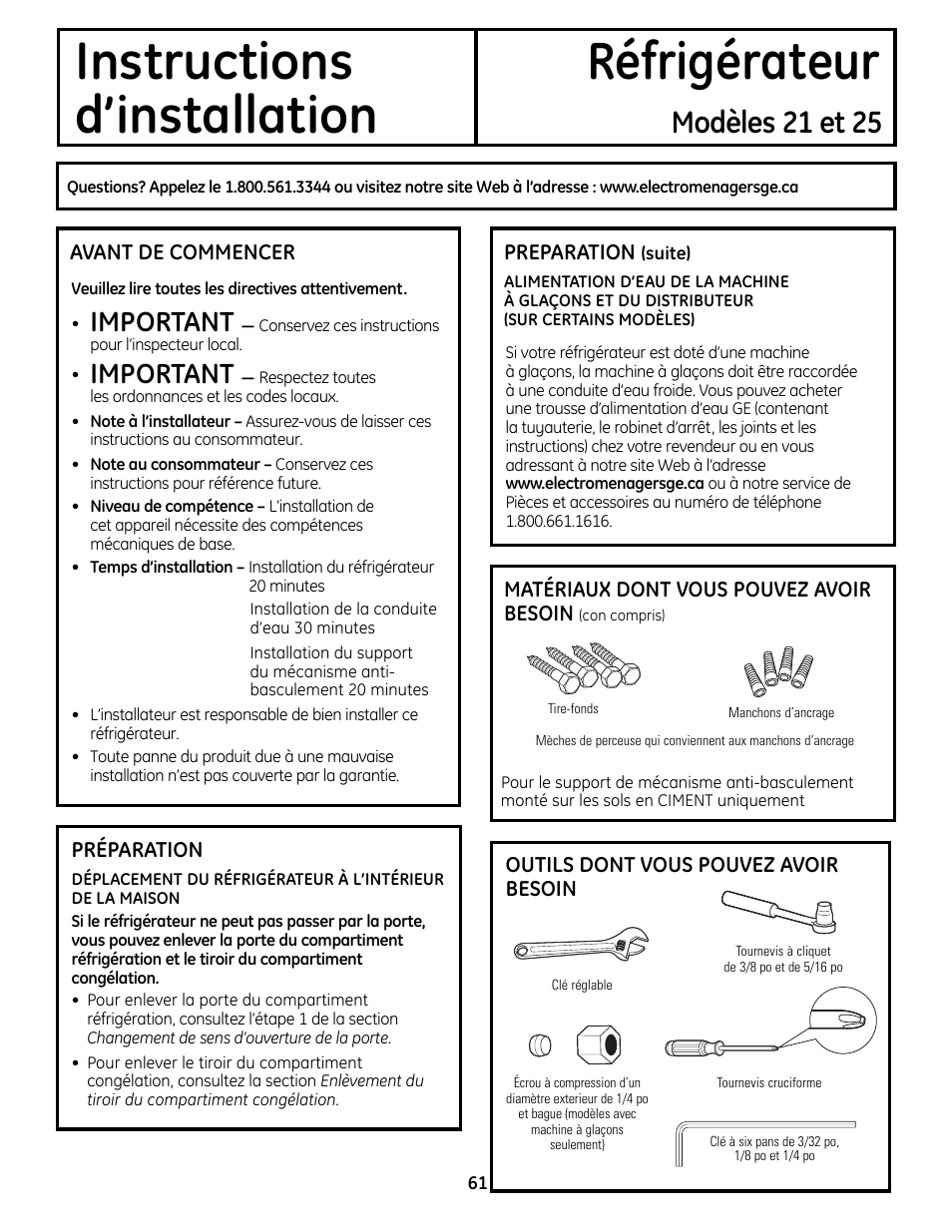 Préparation, Instructions réfrigérateur d’installation, Modèles 21 et 25 | Important | GE 200D9366P019 User Manual | Page 61 / 136