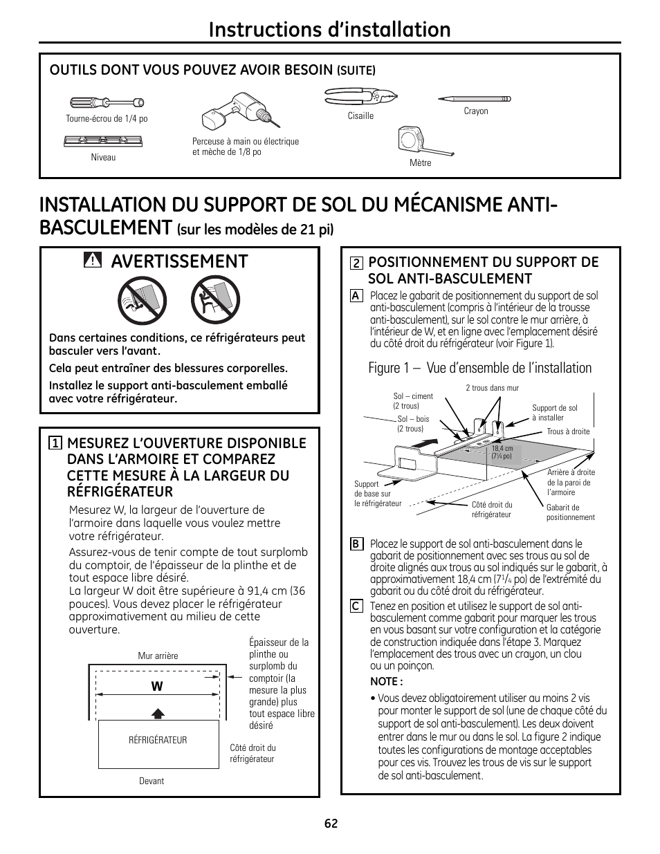 Instructions d’installation, Avertissement, Outils dont vous pouvez avoir besoin | Positionnement du support de sol anti-basculement, Figure 1 – vue d’ensemble de l’installation, Sur les modèles de 21 pi) | GE 200D9366P019 User Manual | Page 62 / 136