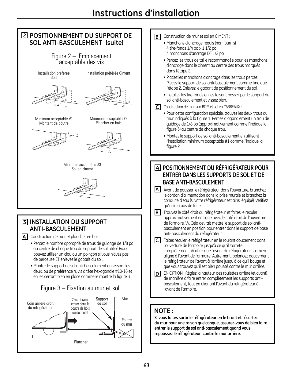Instructions d’installation, Figure 2 – emplacement acceptable des vis, Installation du support anti-basculement | GE 200D9366P019 User Manual | Page 63 / 136