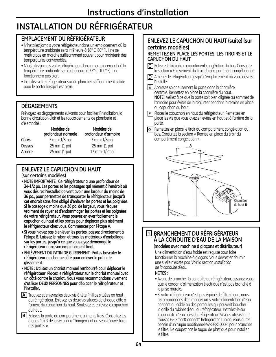 Installation du réfrigérateur –68, Emplacement du réfrigérateur, Dégagements | Enlevez le capuchon du haut | GE 200D9366P019 User Manual | Page 64 / 136
