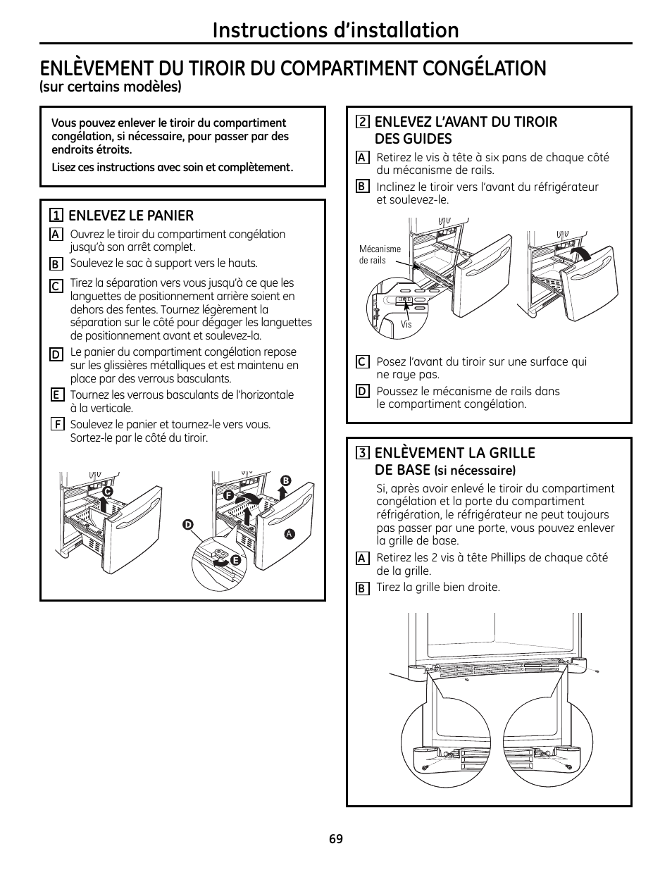 Enlèvement du tiroir du compartiment congélation | GE 200D9366P019 User Manual | Page 69 / 136