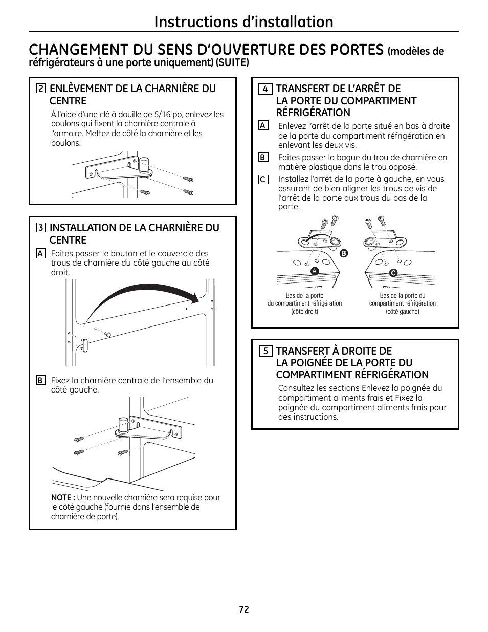 Instructions d’installation, Changement du sens d’ouverture des portes | GE 200D9366P019 User Manual | Page 72 / 136