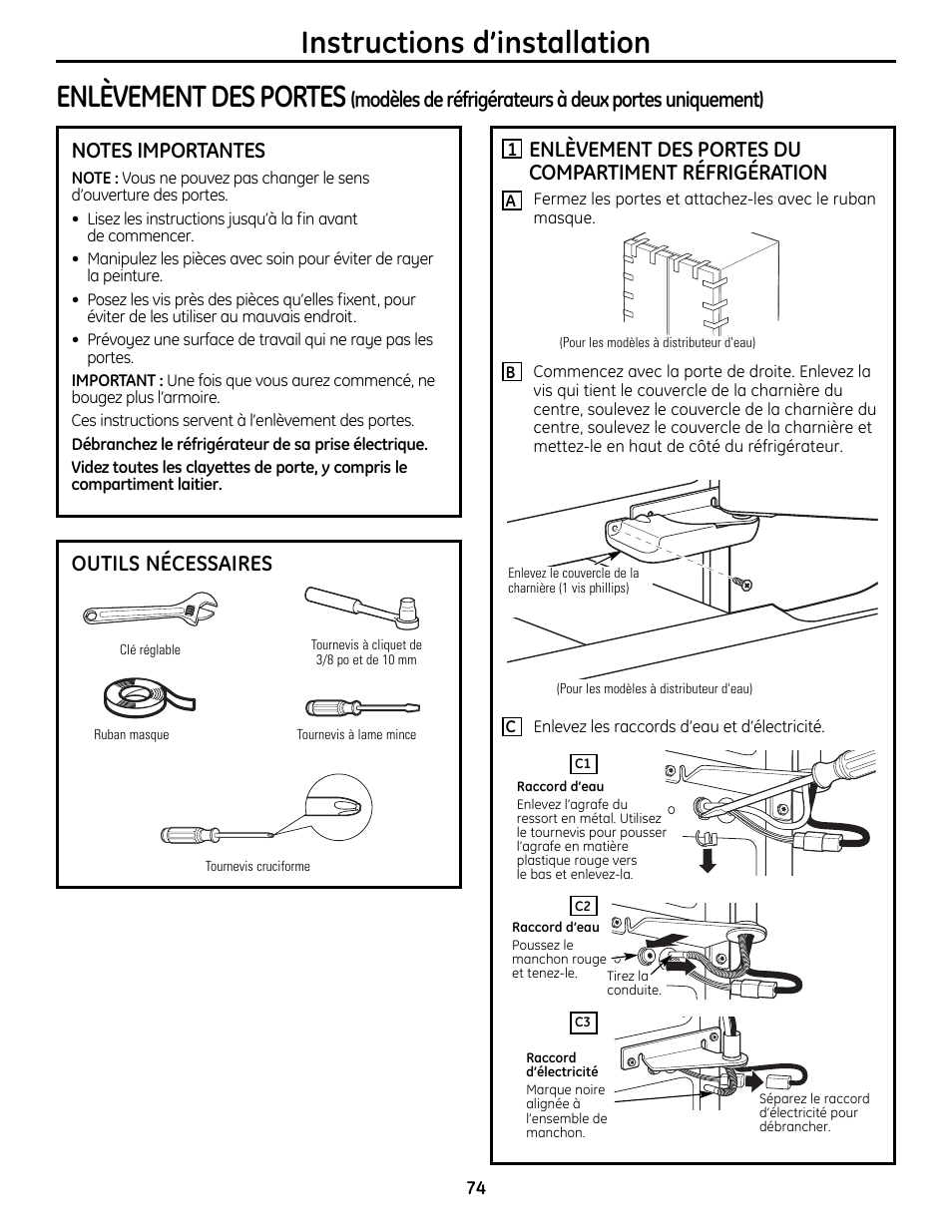 Instructions d’installation enlèvement des portes, Outils nécessaires | GE 200D9366P019 User Manual | Page 74 / 136