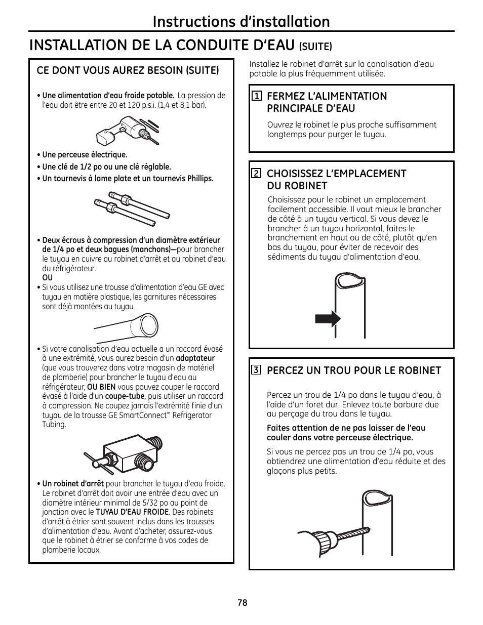 Instructions d’installation, Installation de la conduite d’eau | GE 200D9366P019 User Manual | Page 78 / 136