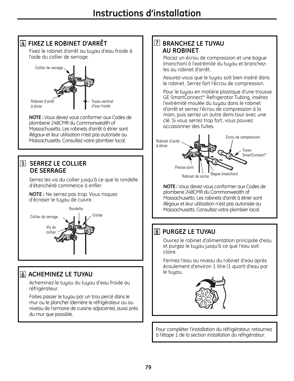 Instructions d’installation, Branchez le tuyau au robinet, Purgez le tuyau | Acheminez le tuyau, Fixez le robinet d’arrêt, Serrez le collier de serrage | GE 200D9366P019 User Manual | Page 79 / 136