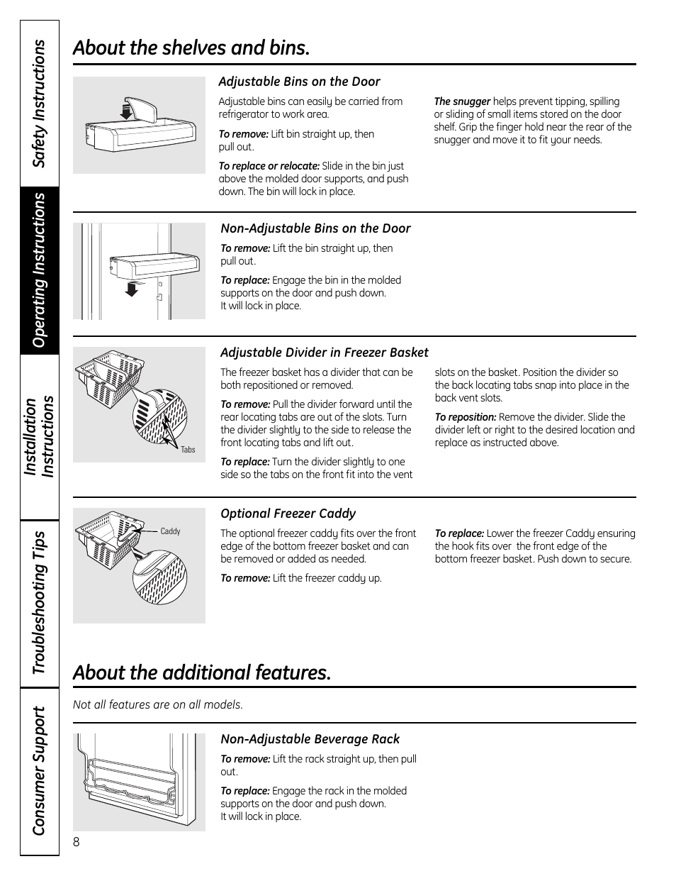 Additional features, About the additional features, About the shelves and bins | GE 200D9366P019 User Manual | Page 8 / 136