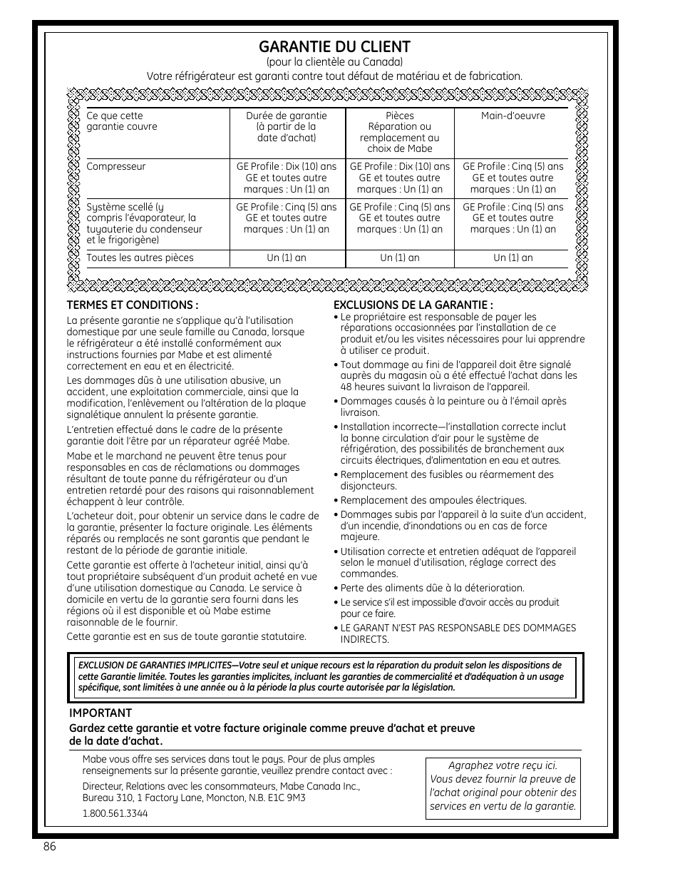 Garantie pour la clientèle au canada, Garantie du client | GE 200D9366P019 User Manual | Page 86 / 136