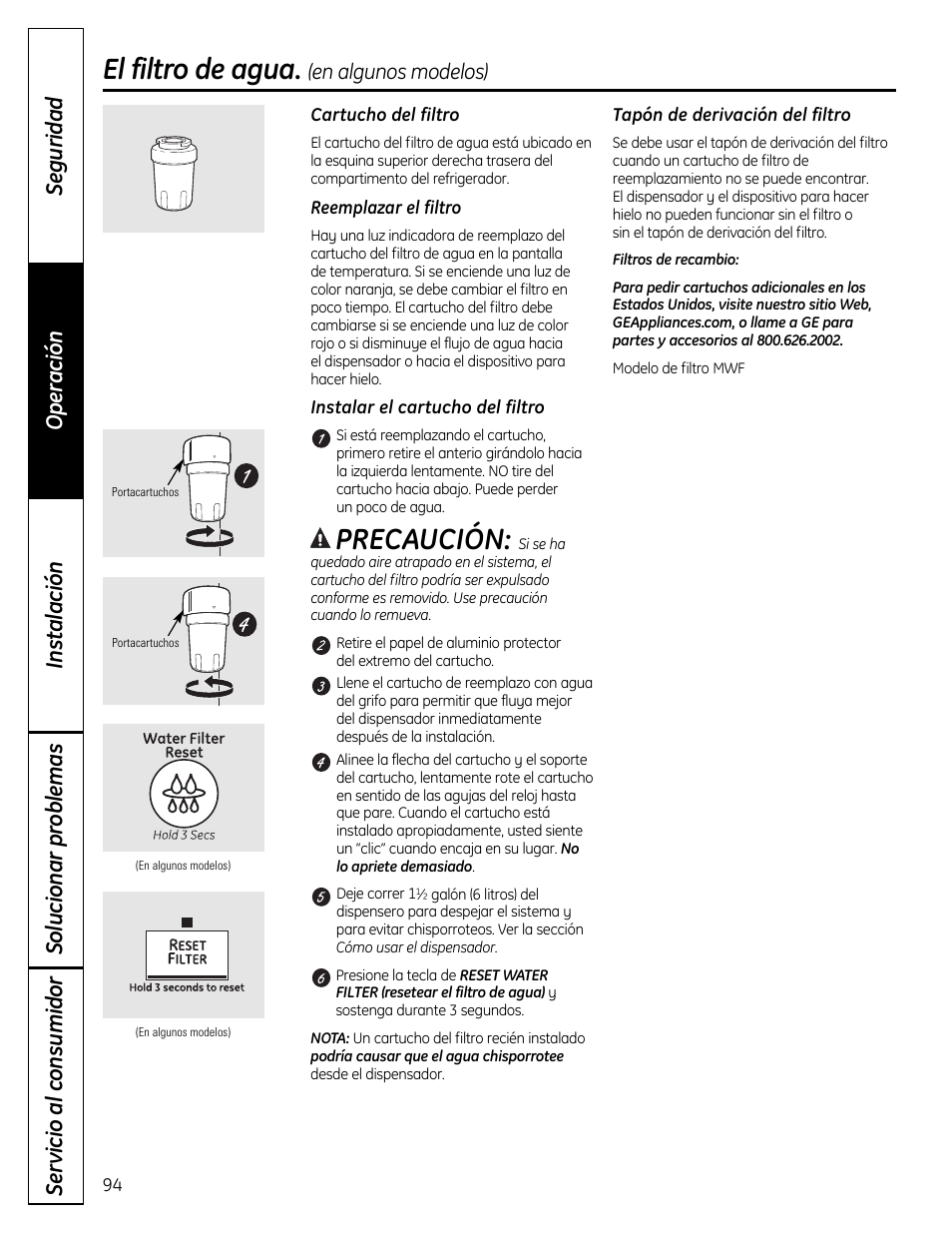 El filtro de agua, Precaución | GE 200D9366P019 User Manual | Page 94 / 136