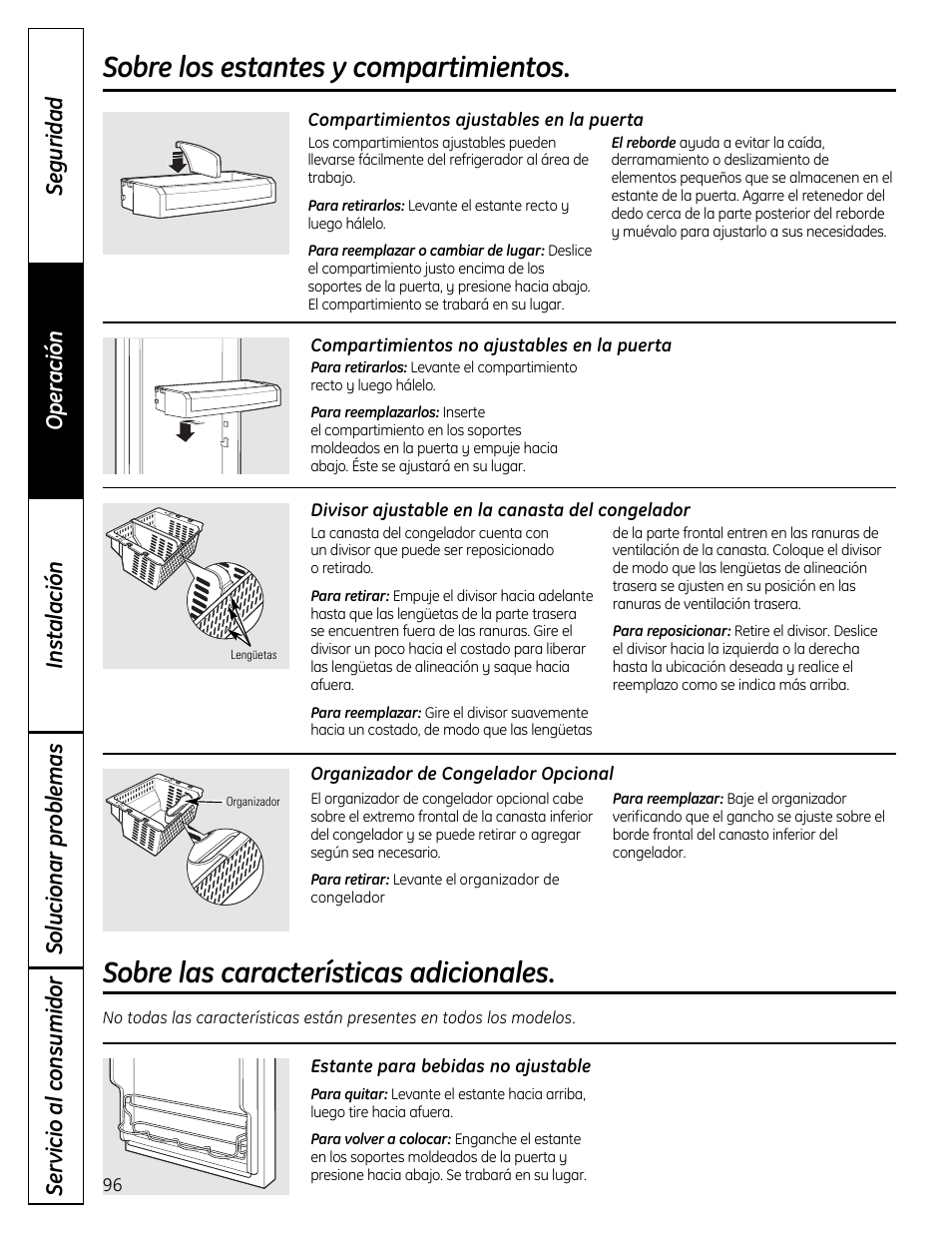 Características adicionales, Sobre los estantes y compartimientos, Sobre las características adicionales | GE 200D9366P019 User Manual | Page 96 / 136