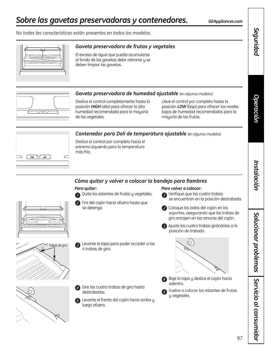 Gavetas preservadoras y contenedores, Sobre las gavetas preservadoras y contenedores | GE 200D9366P019 User Manual | Page 97 / 136