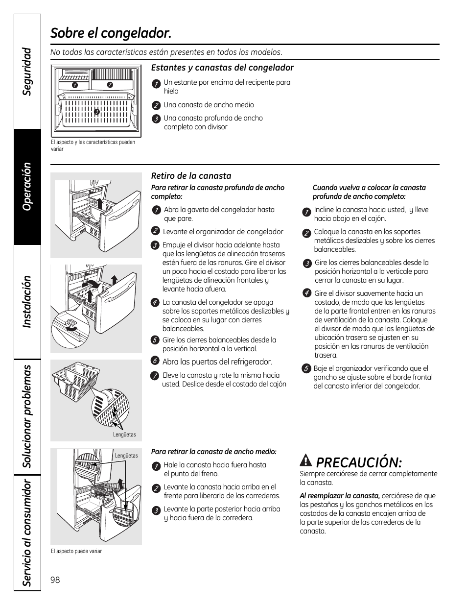 Congelador, Sobre el congelador, Precaución | GE 200D9366P019 User Manual | Page 98 / 136