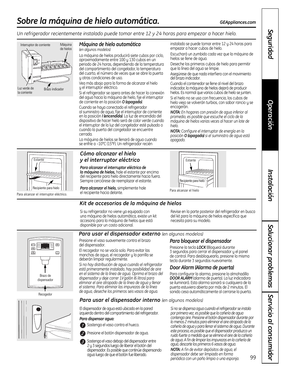 El dispensador de agua, Máquina de hielo automática, Sobre la máquina de hielo automática | GE 200D9366P019 User Manual | Page 99 / 136