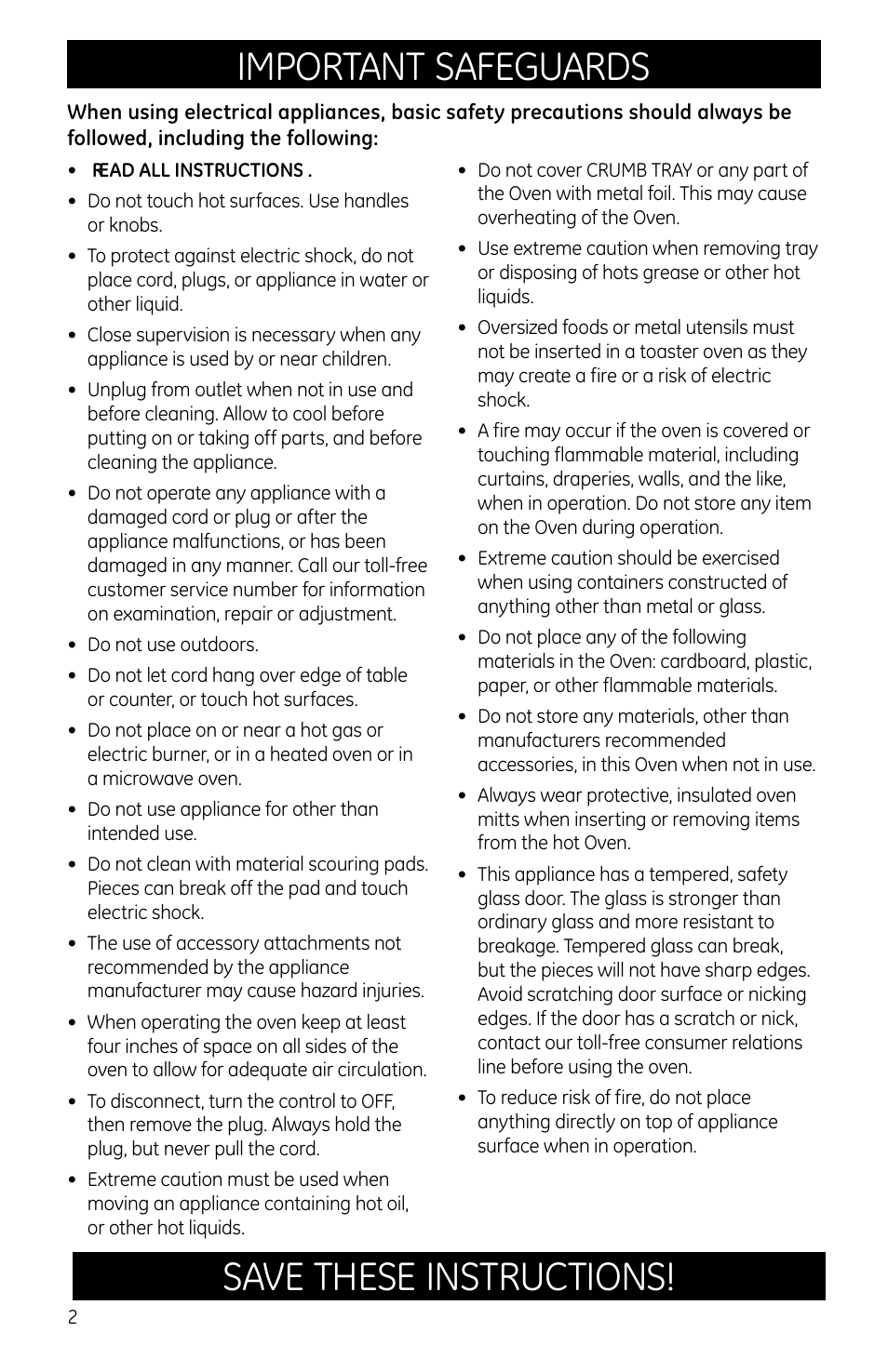 Important safeguards, Save these instructions | GE 681131690706 User Manual | Page 2 / 8