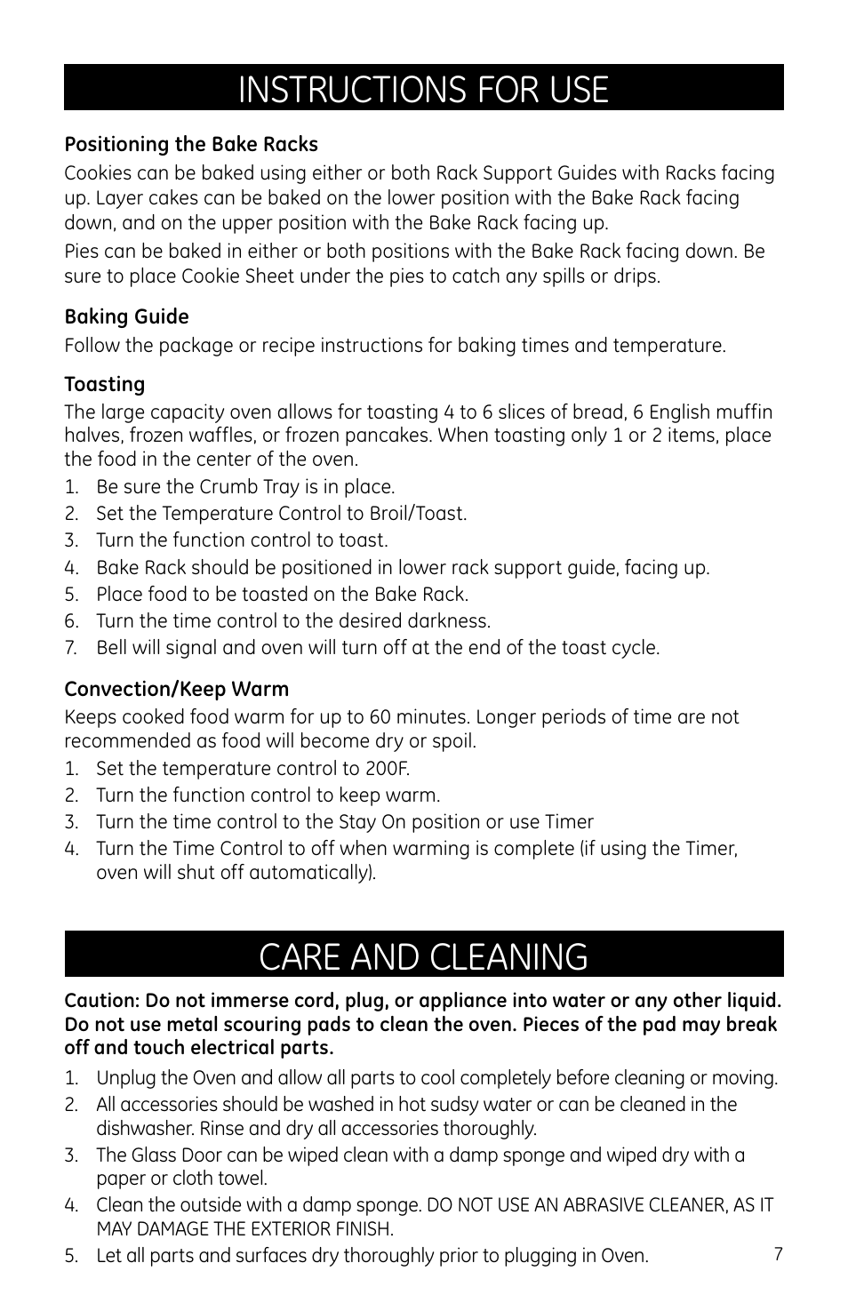 Instructions for use, Care and cleaning | GE 681131690706 User Manual | Page 7 / 8