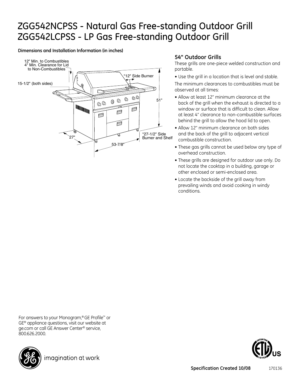 GE ZGG542NCPSS User Manual | 2 pages