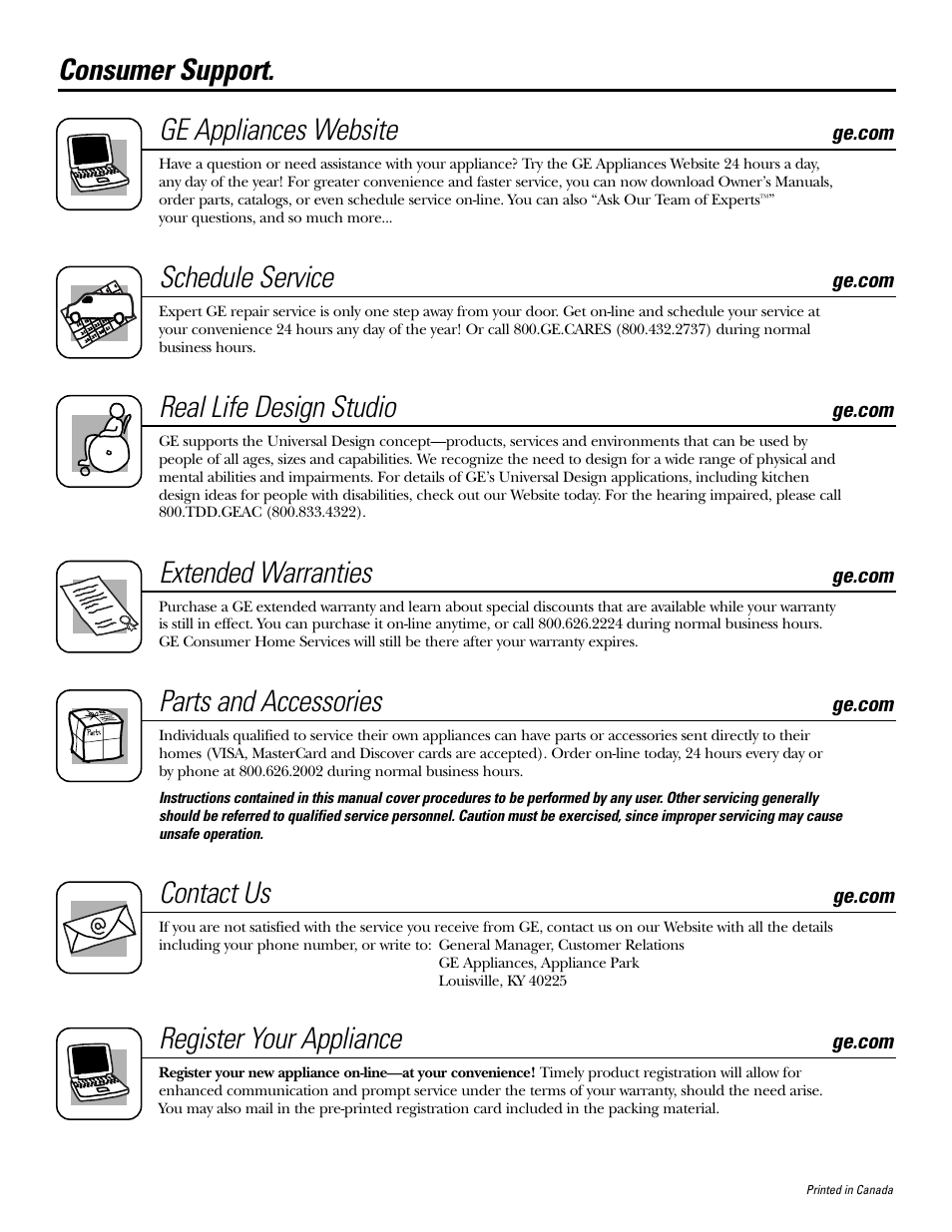 Consumer support, Consumer support. ge appliances website, Schedule service | Real life design studio, Extended warranties, Parts and accessories, Contact us, Register your appliance | GE DBB5000 User Manual | Page 16 / 16