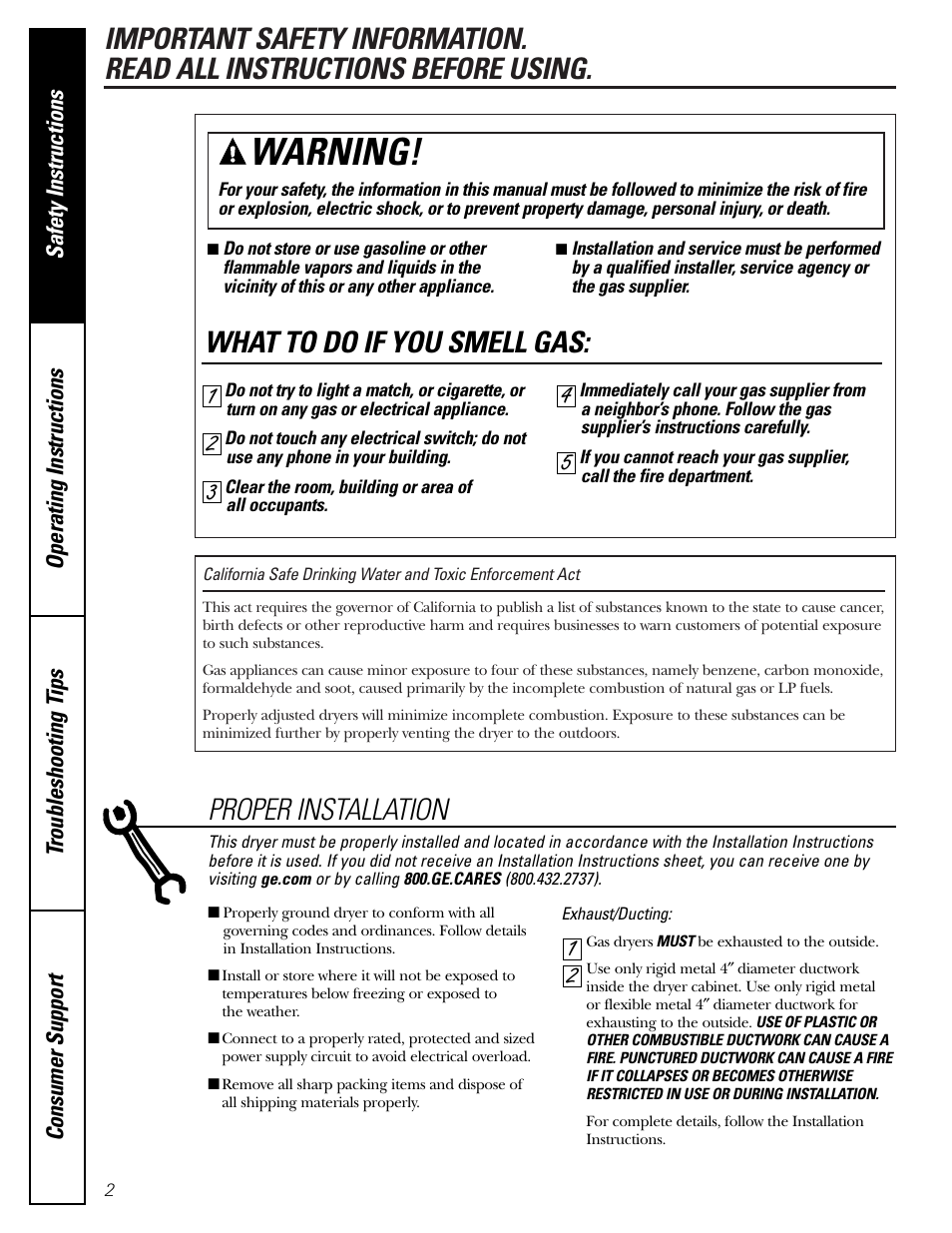 Safety instructions, Warning, What to do if you smell gas | 21 proper installation | GE DBB5000 User Manual | Page 2 / 16