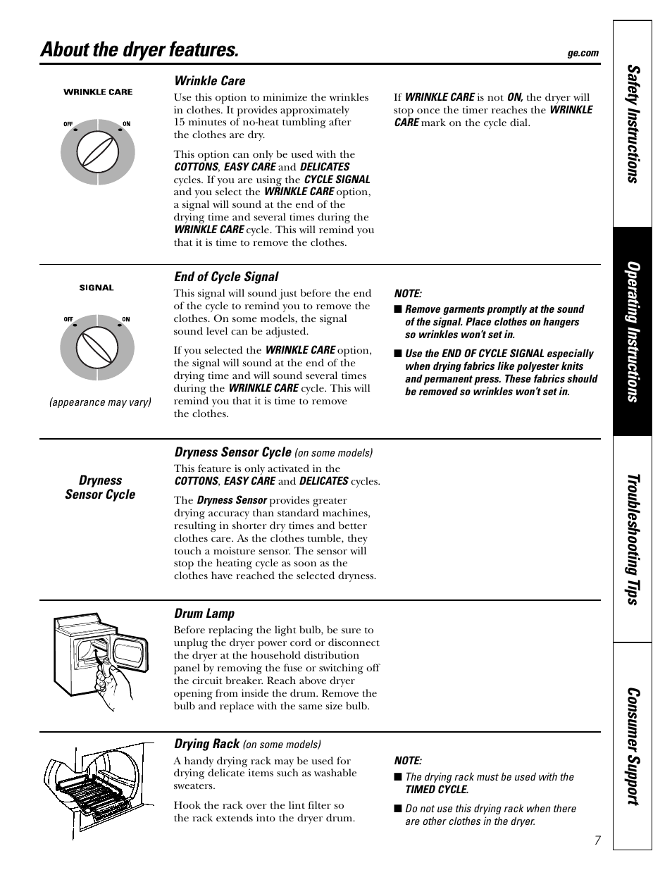 Dryer features, About the dryer features | GE DBB5000 User Manual | Page 7 / 16