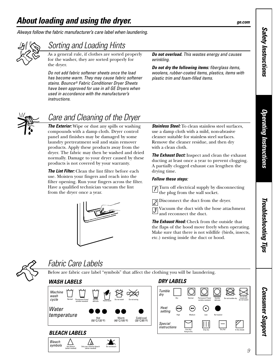 Loading and using the dryer, About loading and using the dryer, Sorting and loading hints | Care and cleaning of the dryer, 32 1 fabric care labels, Water temperature, Wash labels dry labels bleach labels | GE DBB5000 User Manual | Page 9 / 16