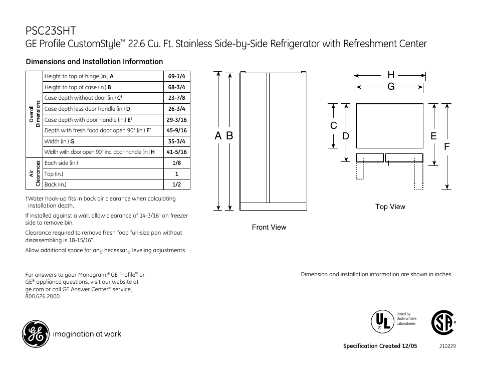 GE PROFILE CUSTOM STYLE PSC23SHT User Manual | 3 pages