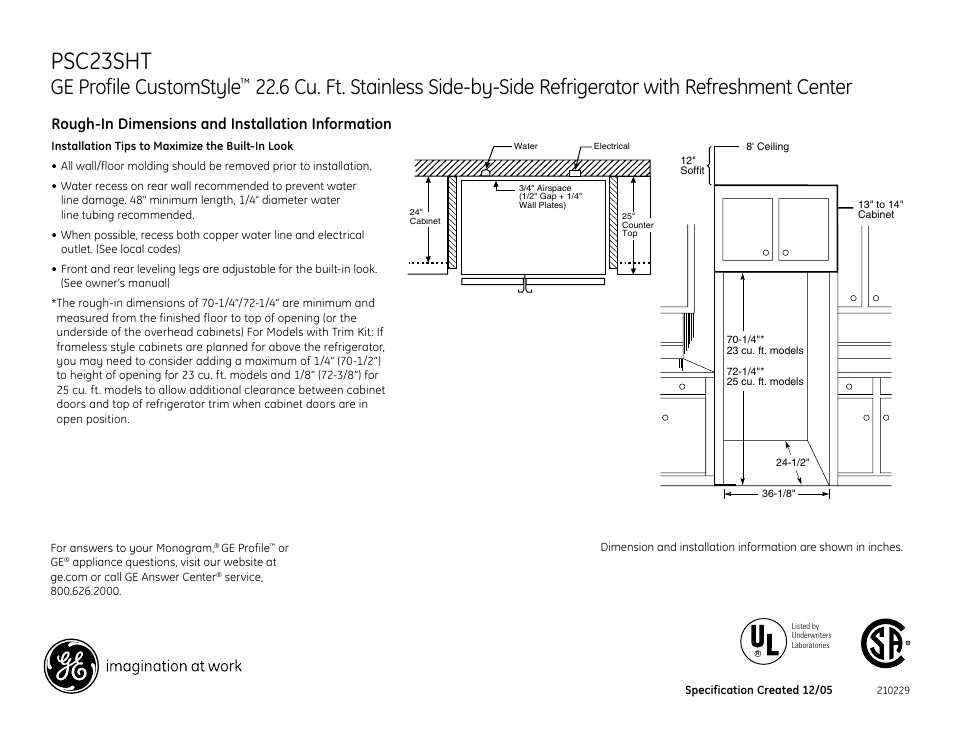 Psc23sht, Ge profile customstyle, Rough-in dimensions and installation information | GE PROFILE CUSTOM STYLE PSC23SHT User Manual | Page 2 / 3