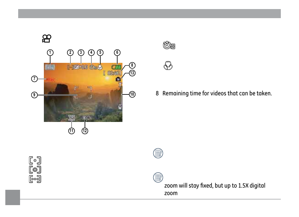 38 video shooting mode display mode | GE E1035 User Manual | Page 42 / 106