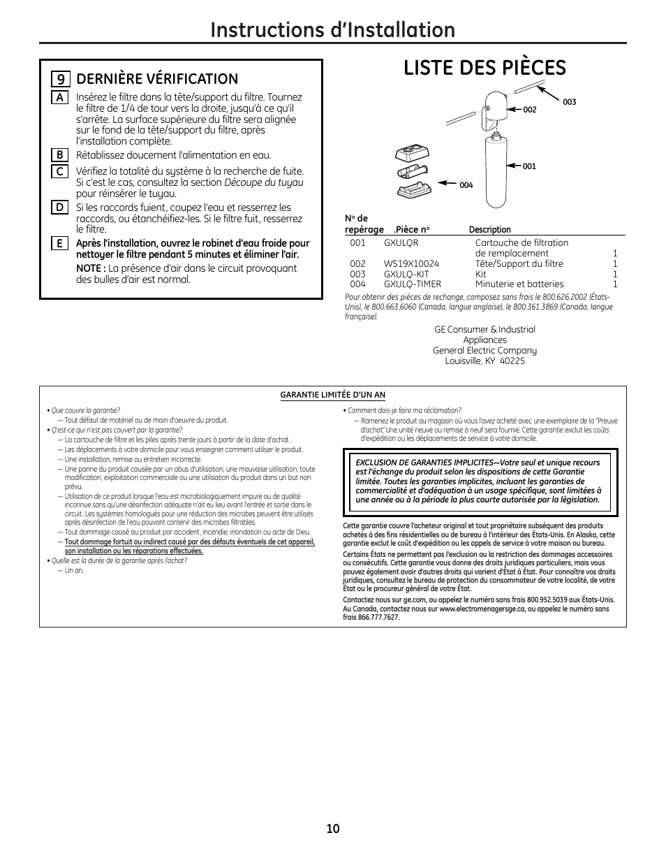 Instructions d’installation, Liste des pièces, Dernière vérification | GE GXULQ User Manual | Page 10 / 16