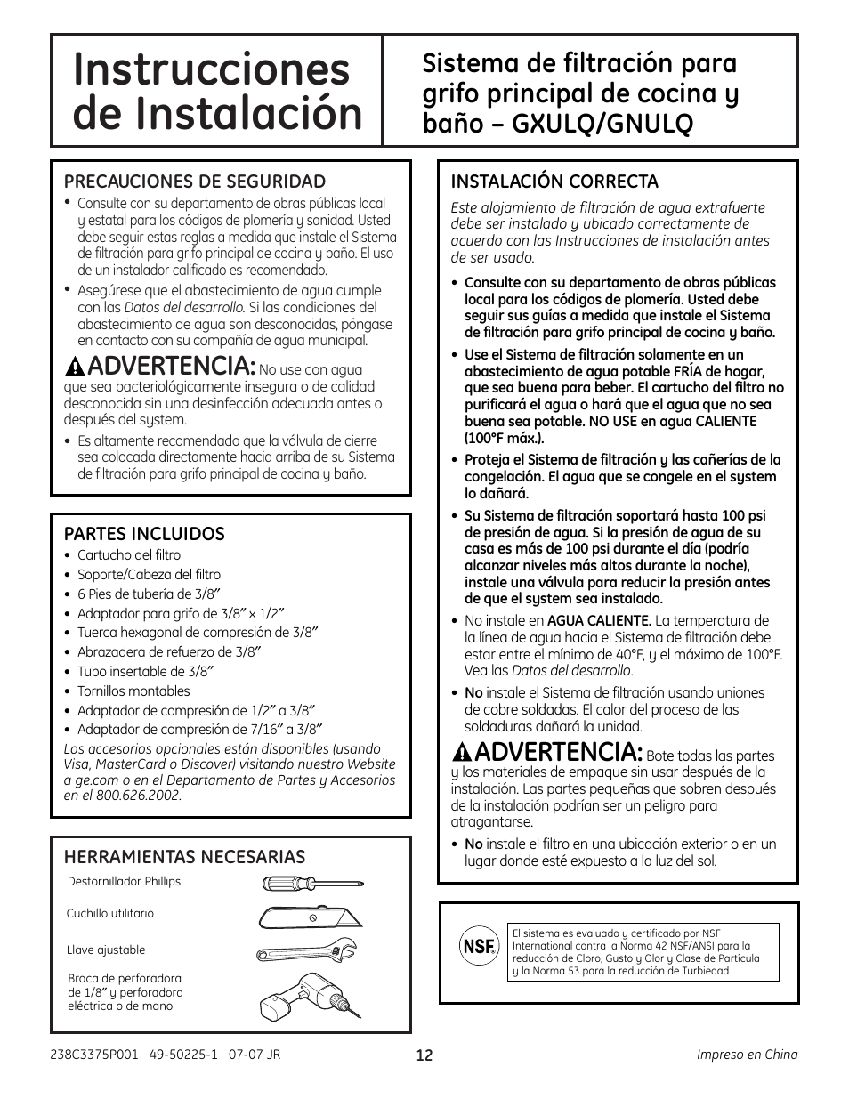 Español, Instrucciones de instalación, Advertencia | GE GXULQ User Manual | Page 12 / 16