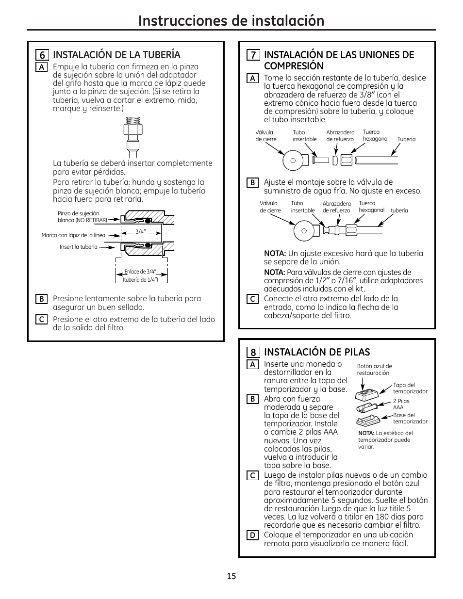 Instrucciones de instalación, Instalación de la tubería, Instalación de las uniones de compresión | Instalación de pilas | GE GXULQ User Manual | Page 15 / 16