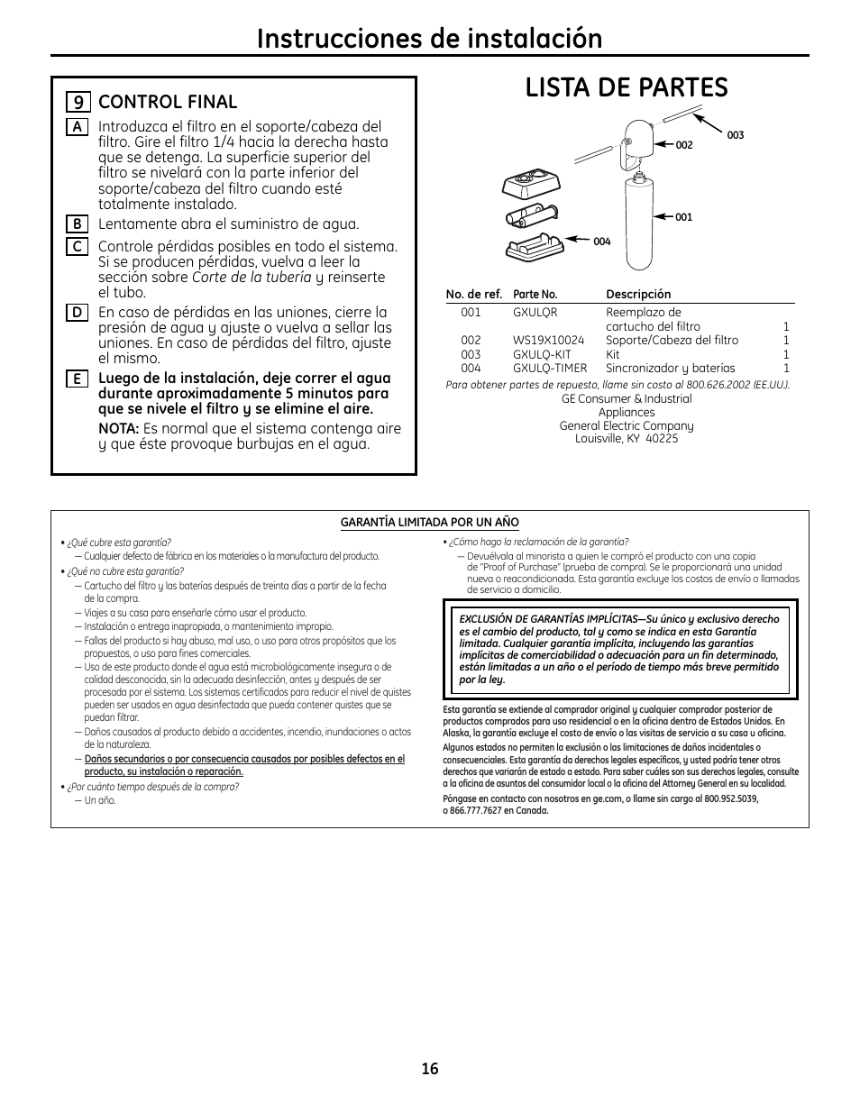 Instrucciones de instalación lista de partes, Control final | GE GXULQ User Manual | Page 16 / 16