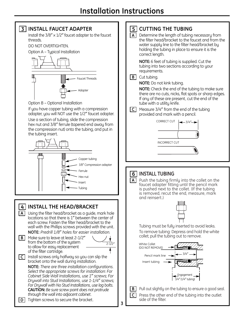 Installation instructions, Install tubing, Cutting the tubing | 5install the head/bracket, Install faucet adapter | GE GXULQ User Manual | Page 3 / 16