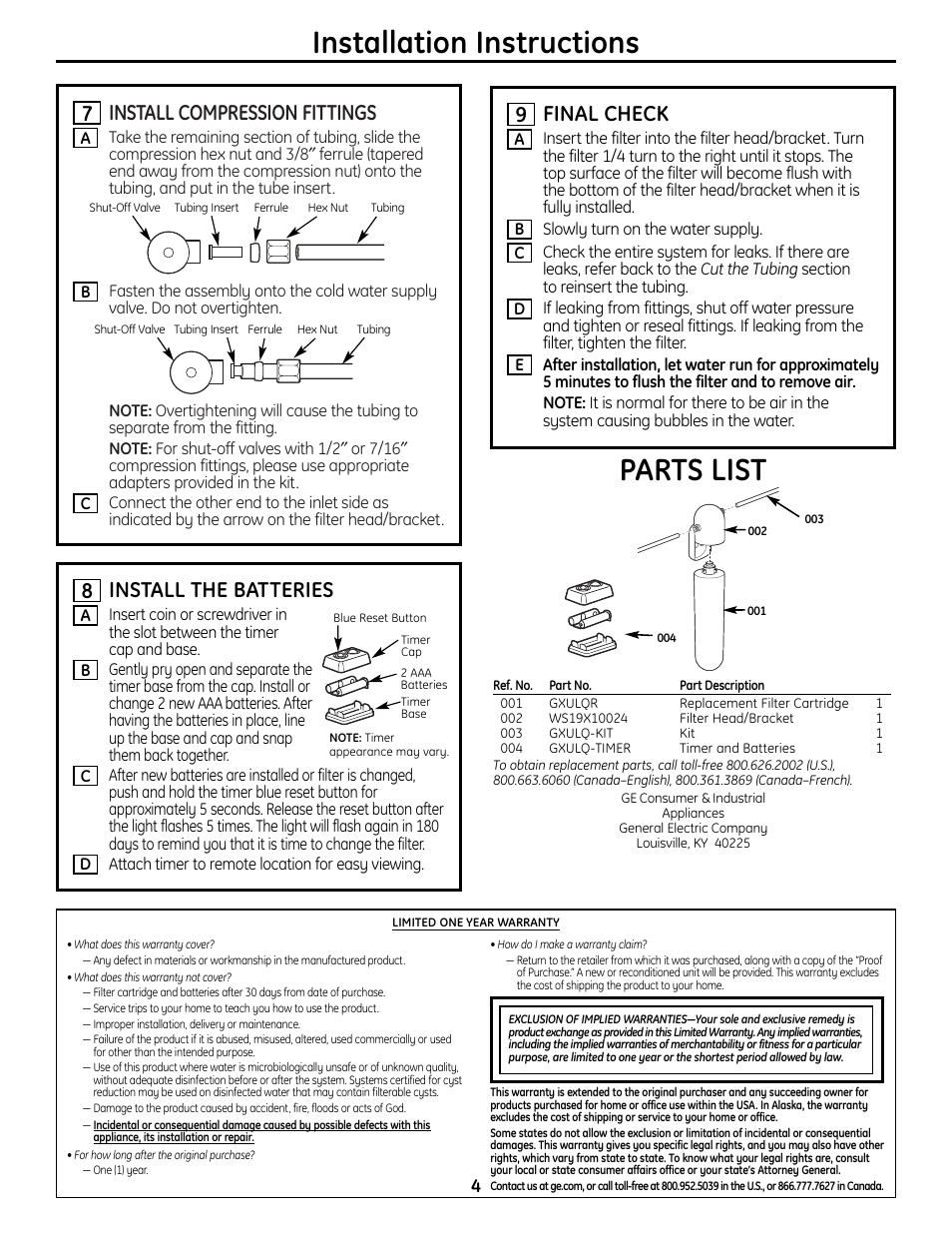 Installation instructions, Parts list, Install compression fittings | Final check, Install the batteries | GE GXULQ User Manual | Page 4 / 16