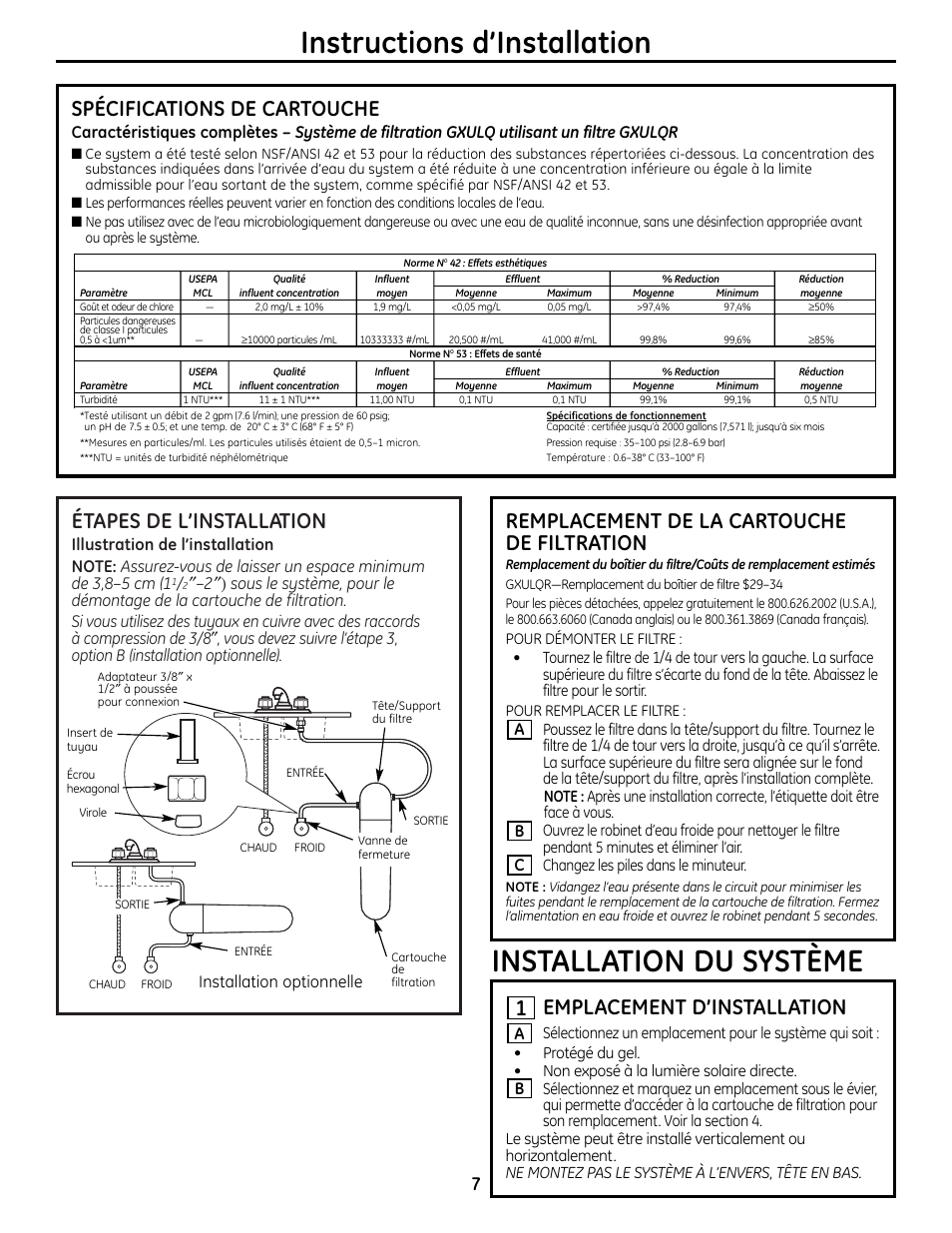 Instructions d’installation, Installation du système, Étapes de l’installation | Spécifications de cartouche, Emplacement d’installation, Remplacement de la cartouche de filtration, Installation optionnelle, Cb a | GE GXULQ User Manual | Page 7 / 16