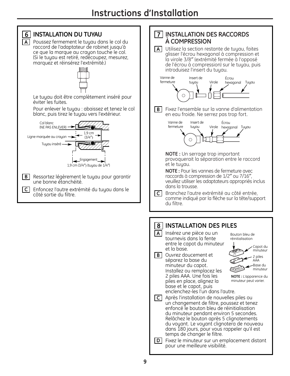 Instructions d’installation, Installation des raccords à compression, Installation des piles | Installation du tuyau | GE GXULQ User Manual | Page 9 / 16