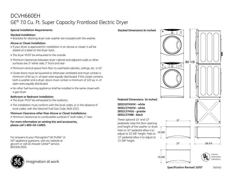 Dcvh660eh, 0 cu. ft. super capacity frontload electric dryer | GE DCVH660EH User Manual | Page 2 / 4