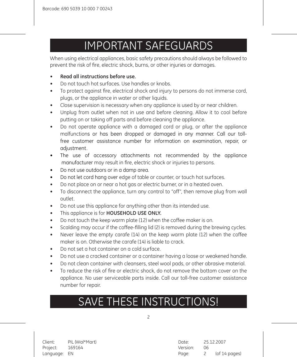 Important safeguards, Save these instructions | GE 690503910000700243 User Manual | Page 2 / 14